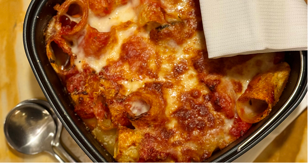 Paccheri à la norma, aubergines sauce tomate, scarmozza