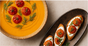 VELOUTÉ DE LÉGUMES, TOASTS DE TOMATE AU CHÈVRE FRAIS